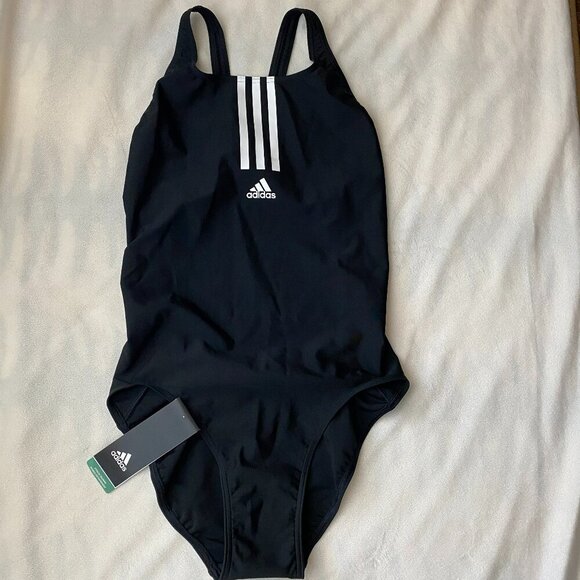 ADIDAS MID 3- STRIPES INFINITEX OPEN-BACK ONE PIECE SWIMSUIT BLACK JUNIOR US 32" - Picture 3 of 8
